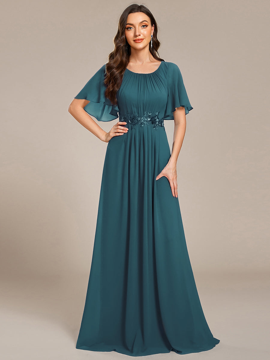Bodenlanger A-Linien Chiffonkleid Mit Raffung Blumenmuster Und Applikationen #Farbe_Petrol