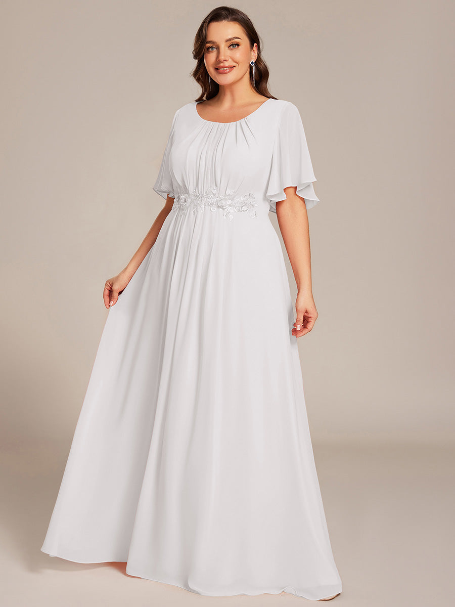 Bodenlanger A-Linien Chiffonkleid Mit Raffung Blumenmuster Und Applikationen #Farbe_Weiß