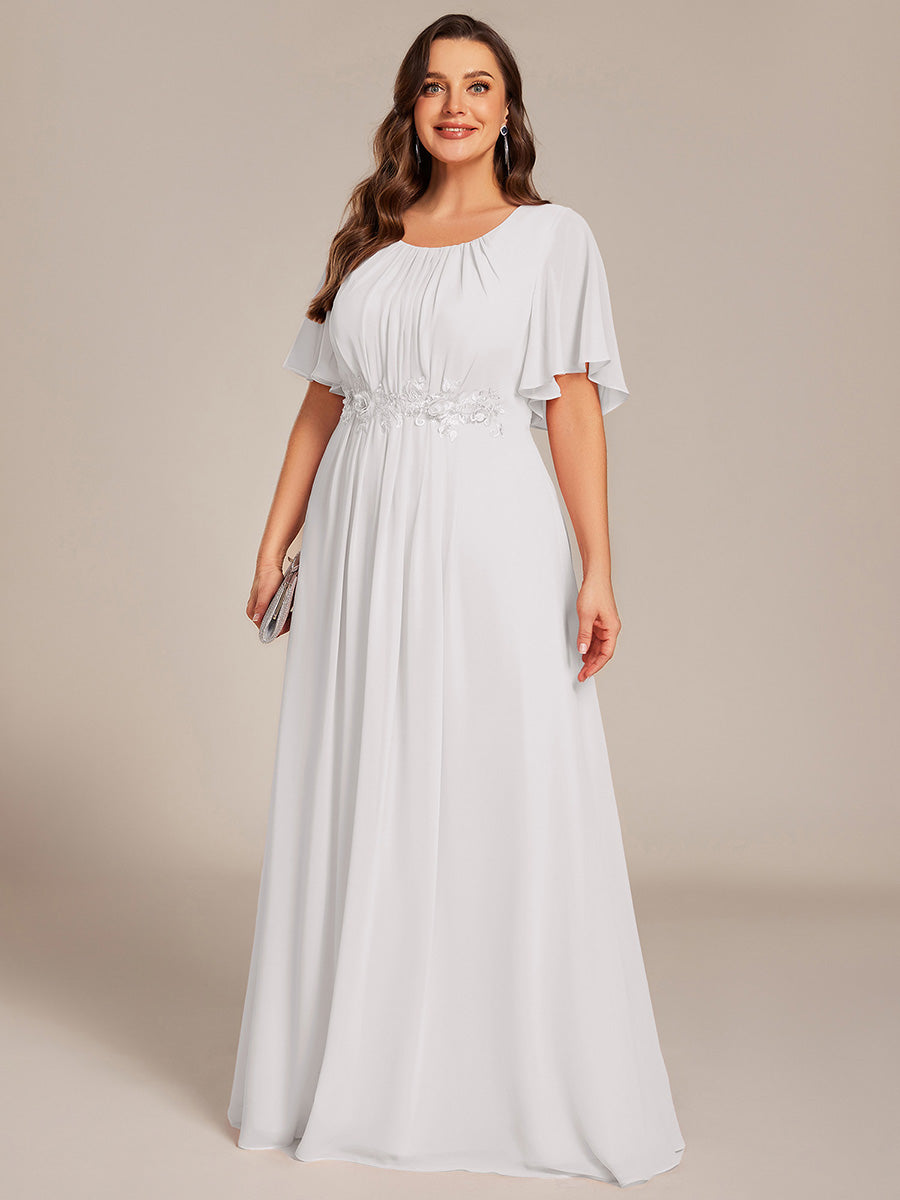 Bodenlanger A-Linien Chiffonkleid Mit Raffung Blumenmuster Und Applikationen #Farbe_Weiß