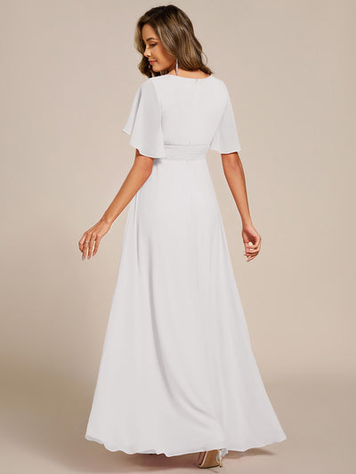 Bodenlanger A-Linien Chiffonkleid Mit Raffung Blumenmuster Und Applikationen #Farbe_Weiß