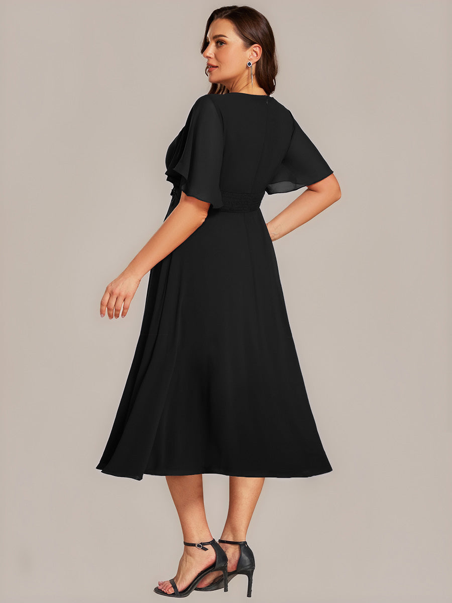 Midi Länge A Linie Chiffon Kleid Mit Rundhalsausschnitt Raffung Blumenmuster Und Applikationen #Farbe_Schwarz
