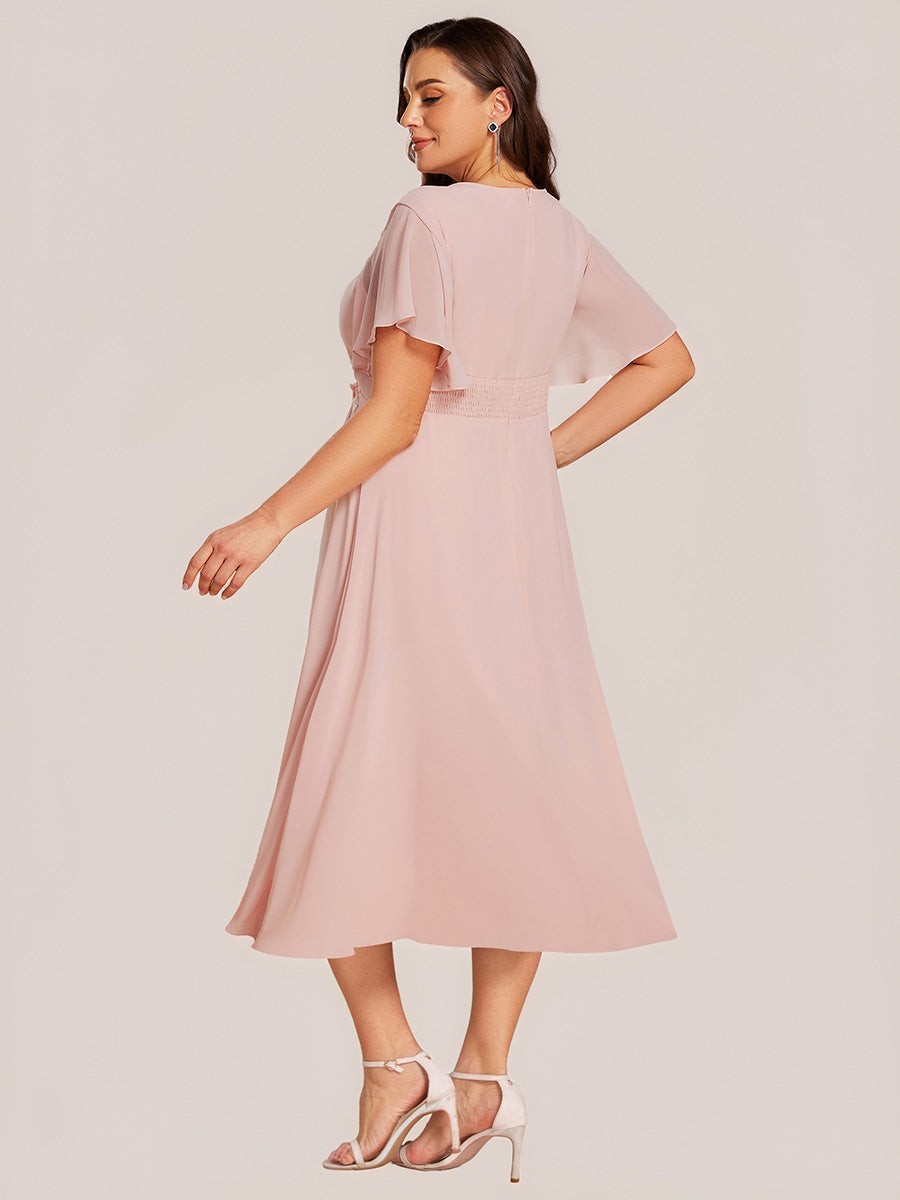 Midi Länge A Linie Chiffon Kleid Mit Rundhalsausschnitt Raffung Blumenmuster Und Applikationen #Farbe_Pink