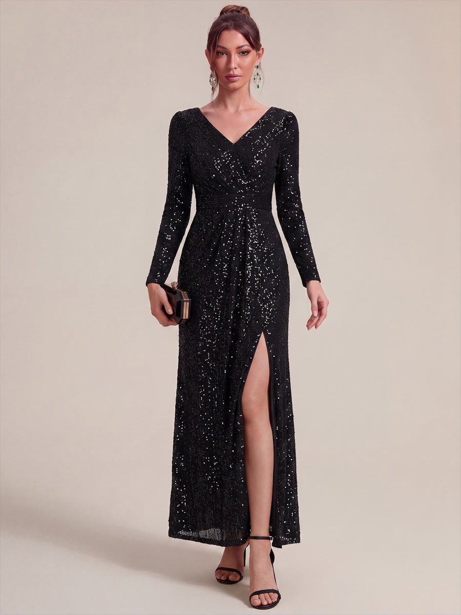 Pailletten Maxikleid mit langen Ärmeln und V-Ausschnitt in A-Linie