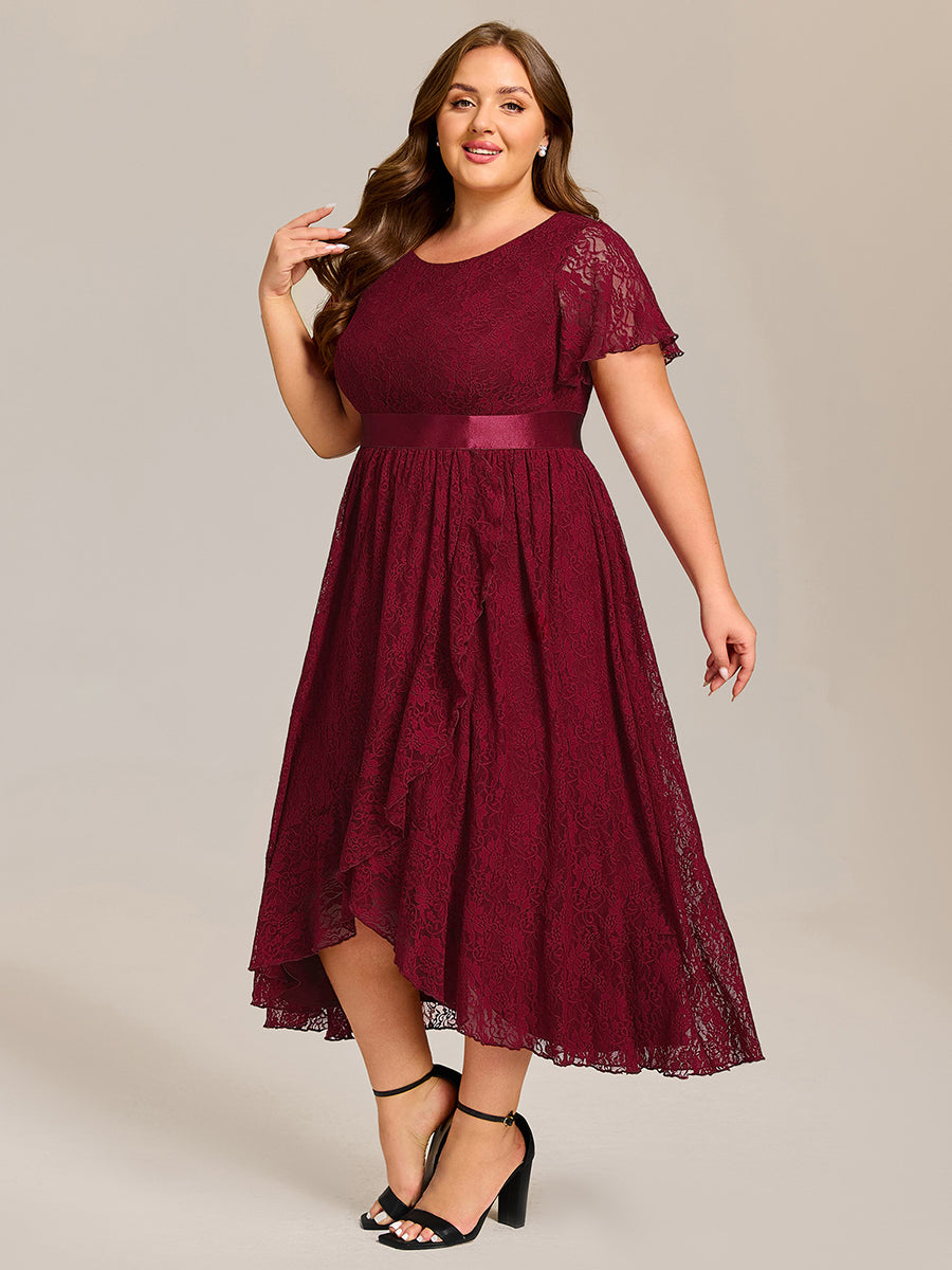 Hochtief Spitzen A Linie Kleid Mit Rundhalsausschnitt Blumenmuster Und Durchsichtigen Details Kleid #Farbe_Burgunderrot