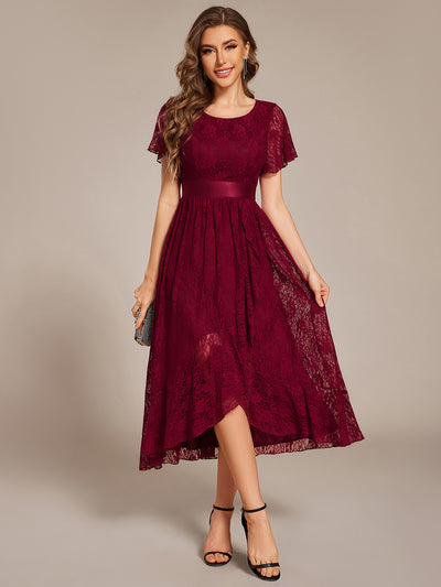 Hochtief Spitzen A Linie Kleid Mit Rundhalsausschnitt Blumenmuster Und Durchsichtigen Details Kleid #Farbe_Burgunderrot