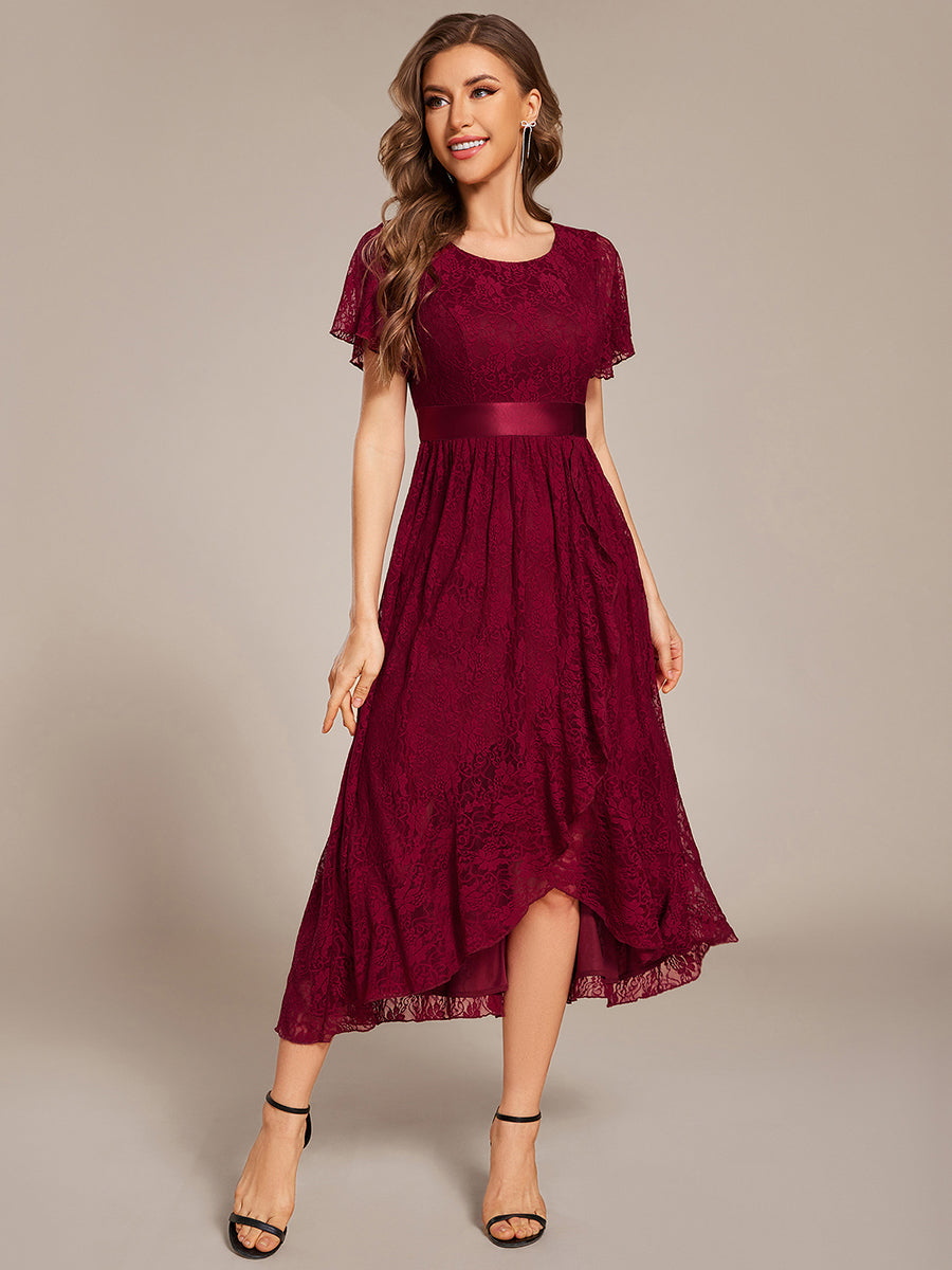 Hochtief Spitzen A Linie Kleid Mit Rundhalsausschnitt Blumenmuster Und Durchsichtigen Details Kleid #Farbe_Burgunderrot