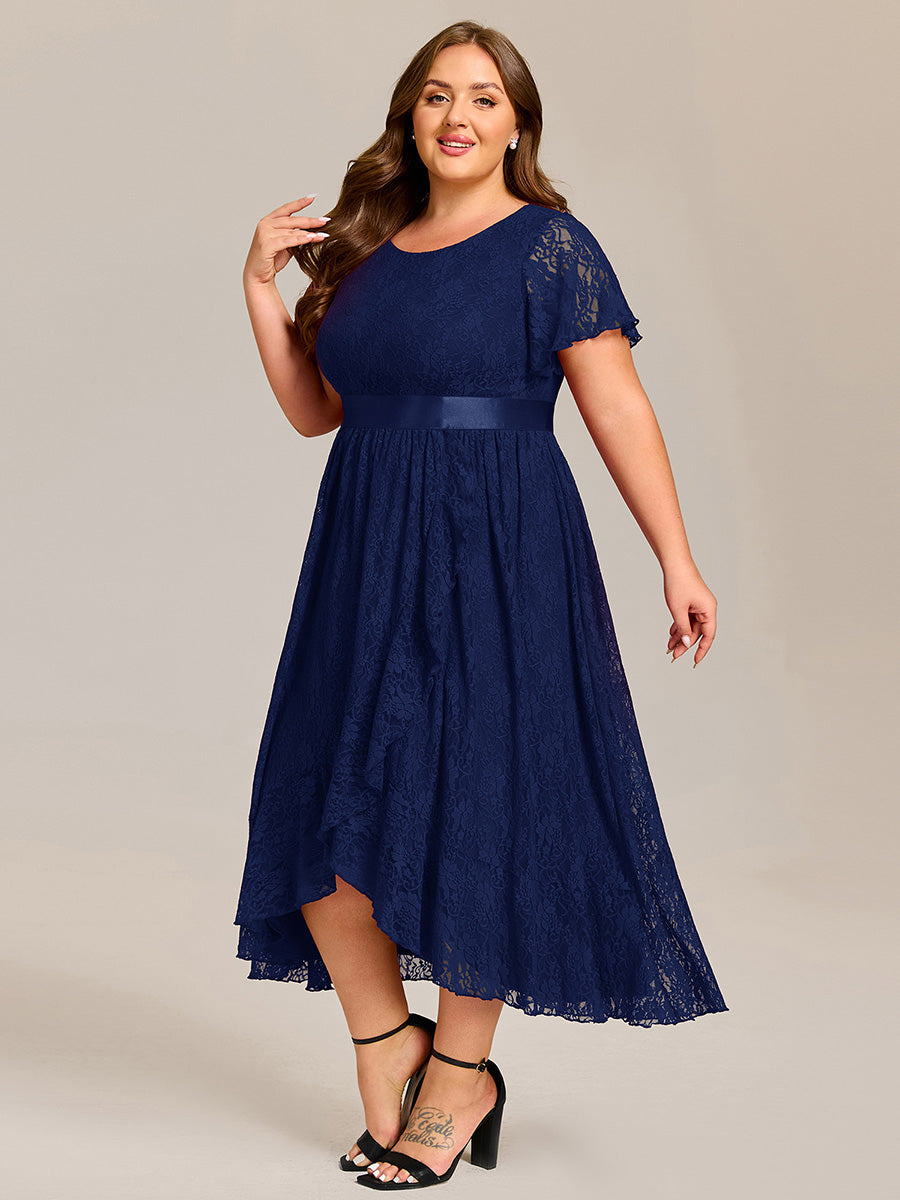 Hochtief Spitzen A Linie Kleid Mit Rundhalsausschnitt Blumenmuster Und Durchsichtigen Details Kleid #Farbe_Marineblau