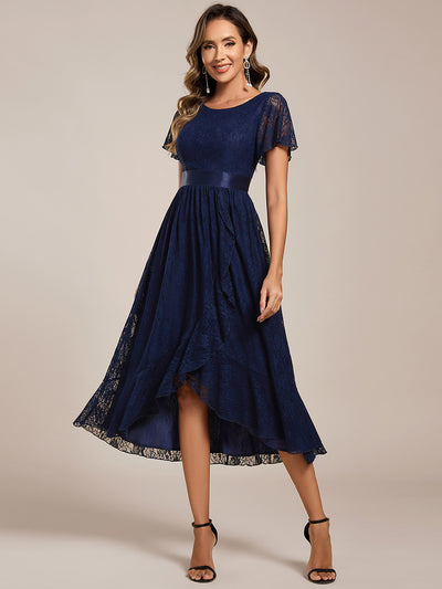 Hochtief Spitzen A Linie Kleid Mit Rundhalsausschnitt Blumenmuster Und Durchsichtigen Details Kleid #Farbe_Marineblau