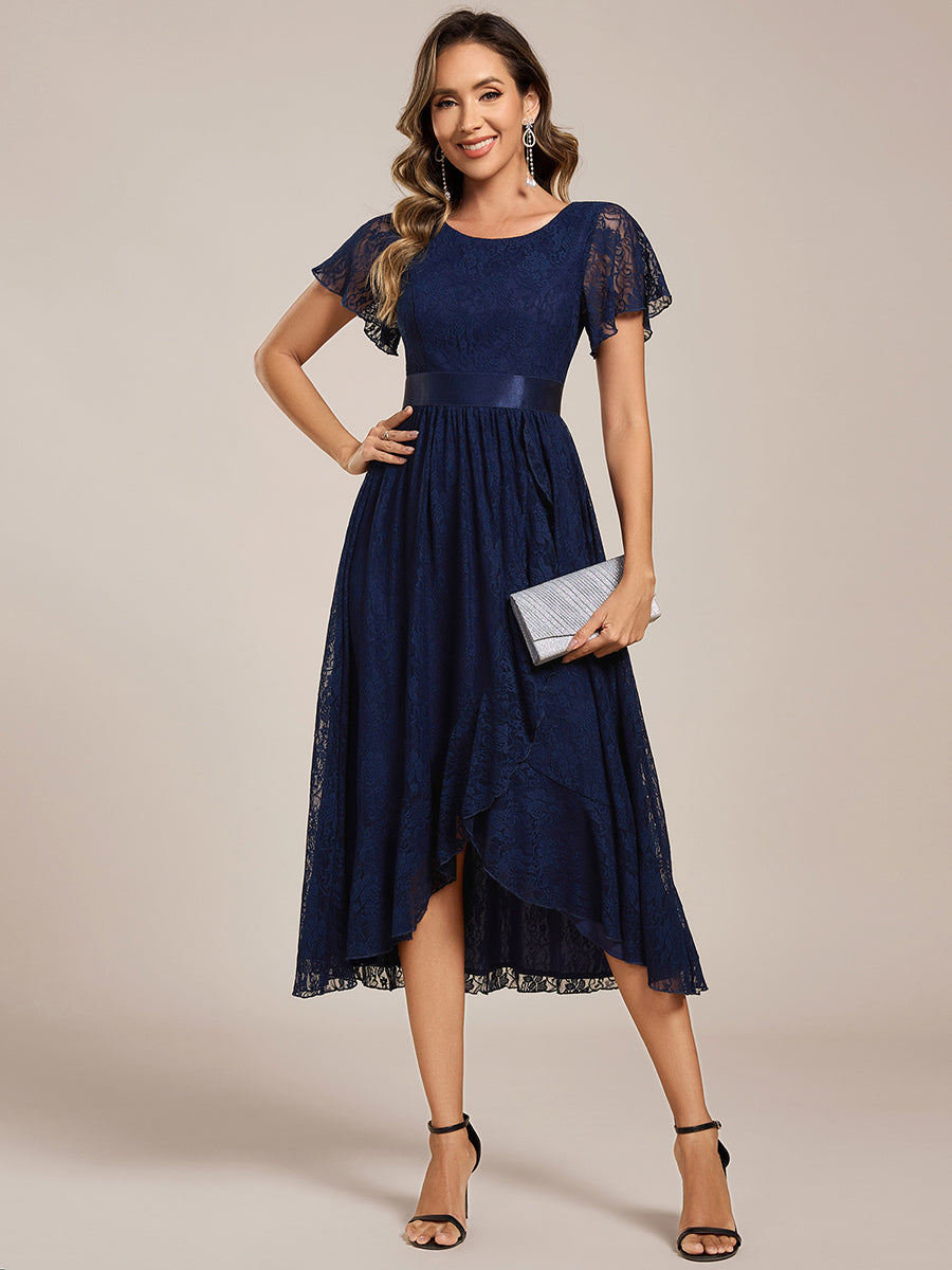 Hochtief Spitzen A Linie Kleid Mit Rundhalsausschnitt Blumenmuster Und Durchsichtigen Details Kleid #Farbe_Marineblau