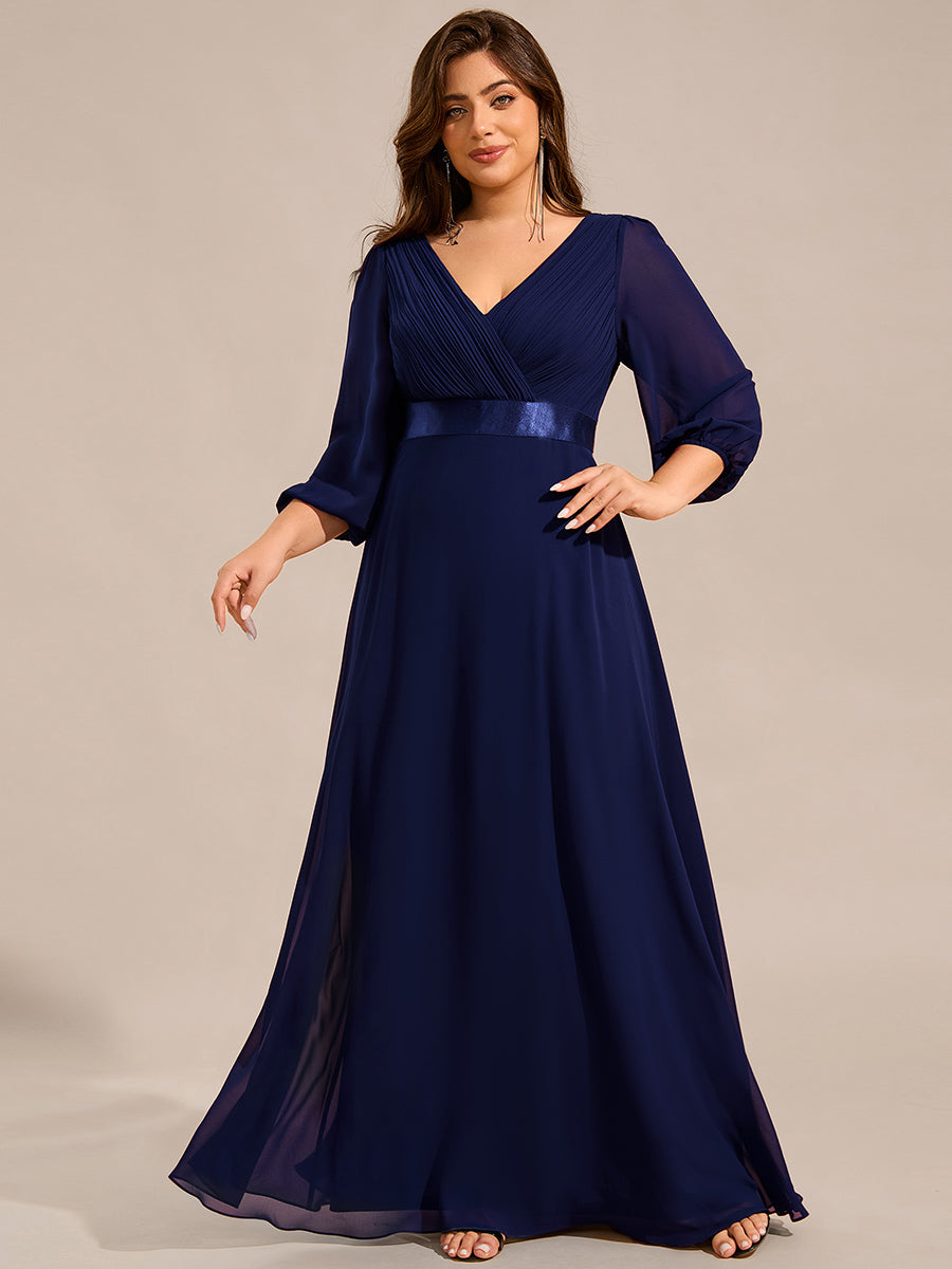 Funkelndes Abendkleid in A-Linie mit Empire-Taille und langen ?rmeln #farbe_Marineblau