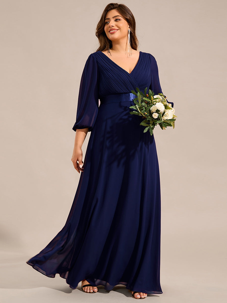 Funkelndes Abendkleid in A-Linie mit Empire-Taille und langen ?rmeln #farbe_Marineblau