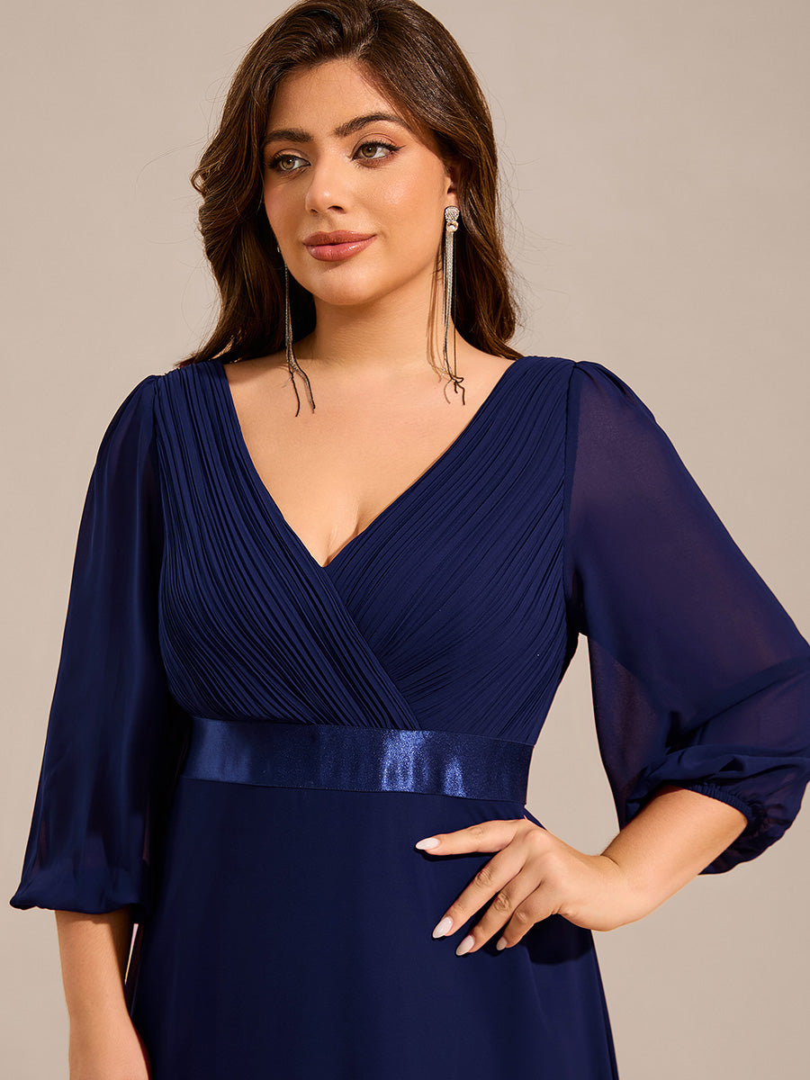 Funkelndes Abendkleid in A-Linie mit Empire-Taille und langen ?rmeln #farbe_Marineblau