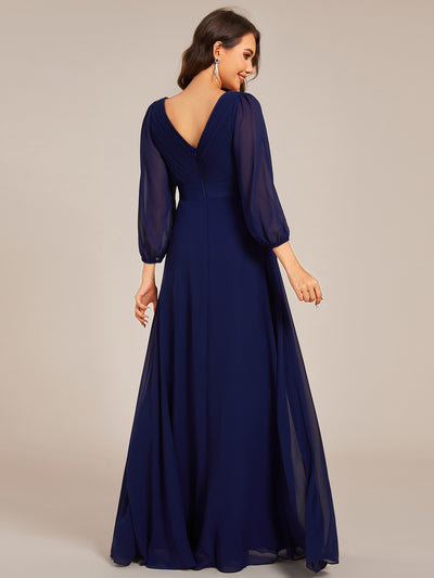 Funkelndes Abendkleid in A-Linie mit Empire-Taille und langen ?rmeln #farbe_Marineblau