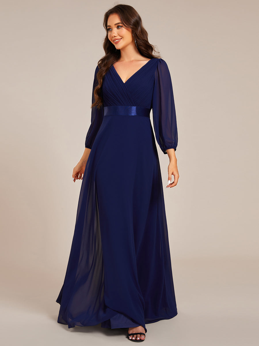 Funkelndes Abendkleid in A-Linie mit Empire-Taille und langen ?rmeln #farbe_Marineblau