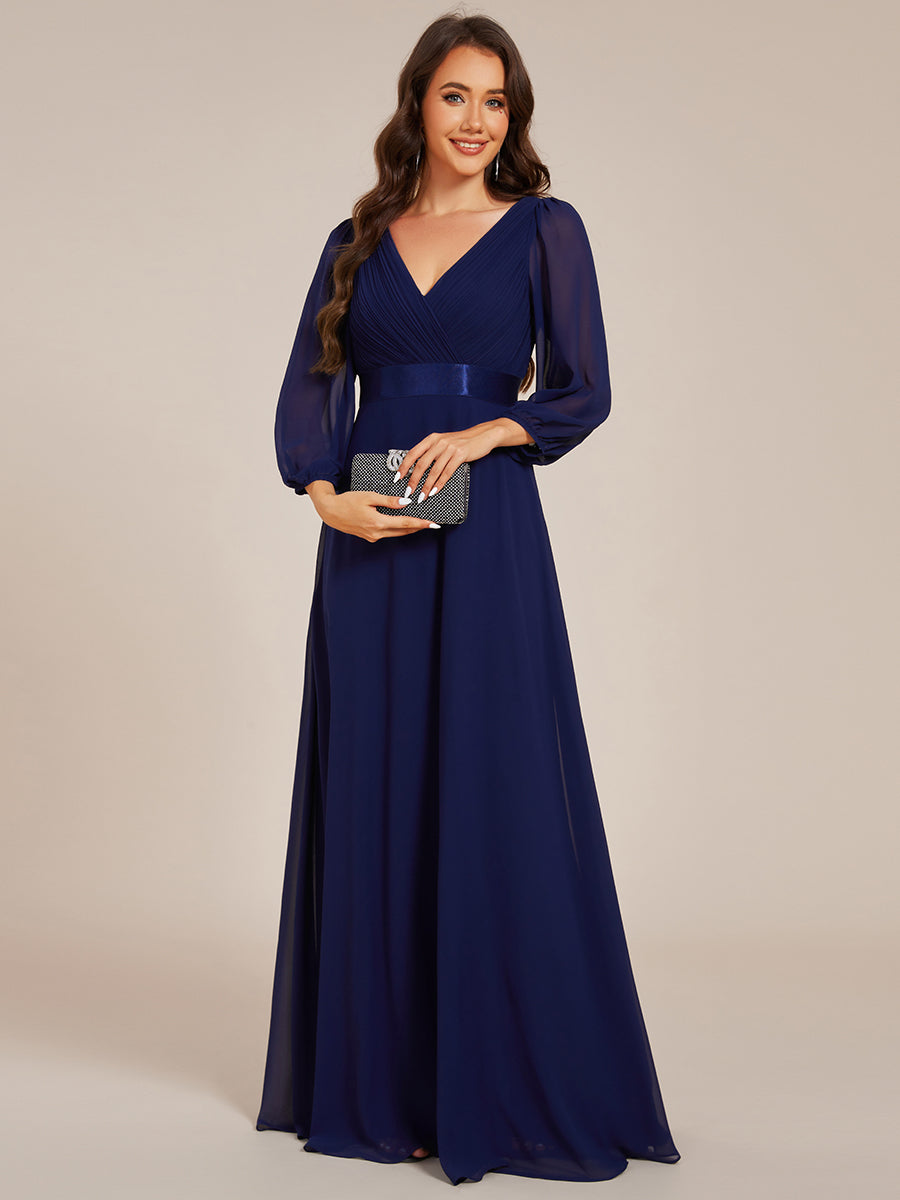 Funkelndes Abendkleid in A-Linie mit Empire-Taille und langen ?rmeln #farbe_Marineblau