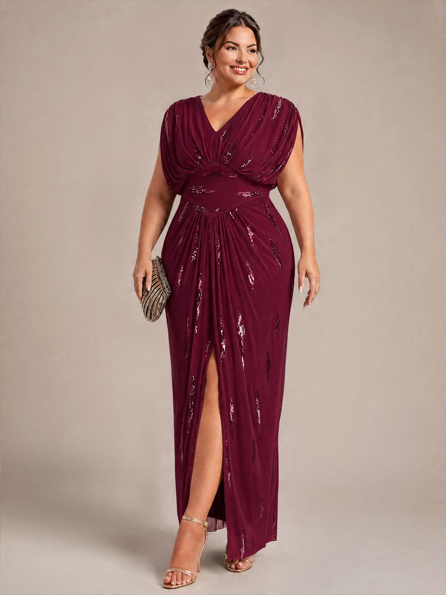 Maxilänge V-Ausschnitt Figurbetontes Kleid Aus Tüll Mit Schlitz Und 3D Drapierung Pailletten #Farbe_Burgunderrot