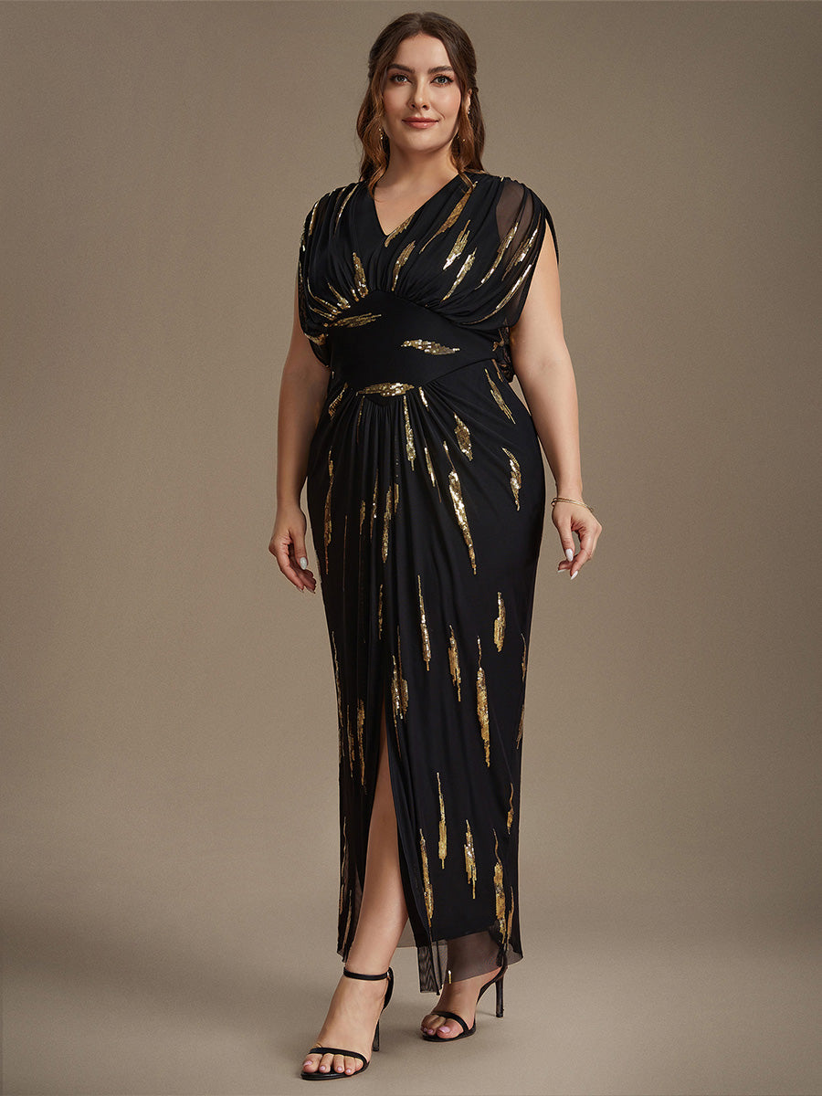 Maxilänge V-Ausschnitt Figurbetontes Kleid Aus Tüll Mit Schlitz Und 3D Drapierung Pailletten #Farbe_Schwarz & Gold