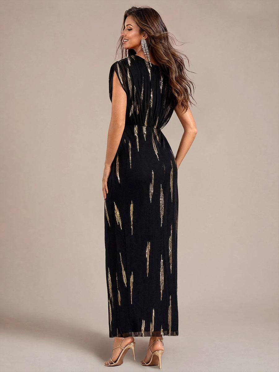 Maxilänge V-Ausschnitt Figurbetontes Kleid Aus Tüll Mit Schlitz Und 3D Drapierung Pailletten #Farbe_Schwarz / Metallisches Gold