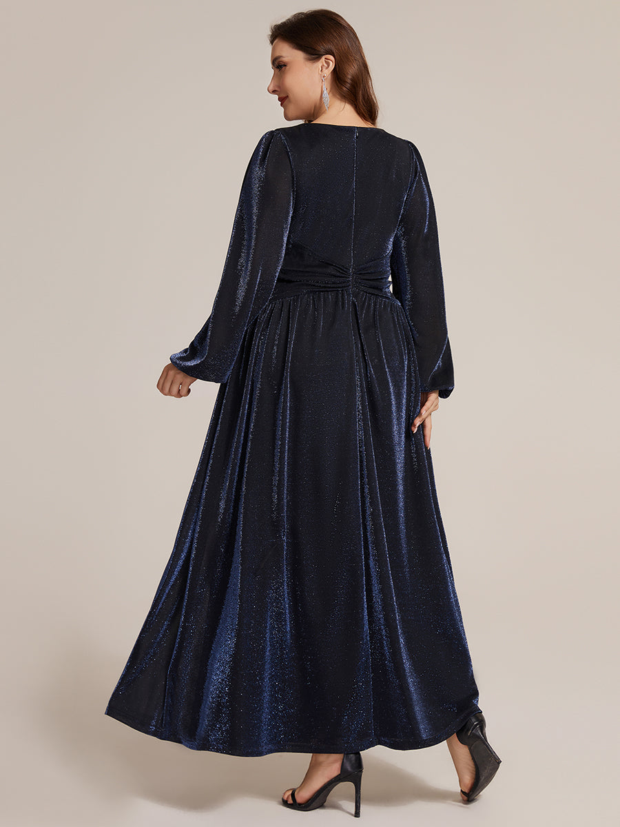 Maxilänge V-Ausschnitt A-Linien Kleid Aus Lurex Netzstoff Mit 3D Drapierung #Farbe_Marineblau