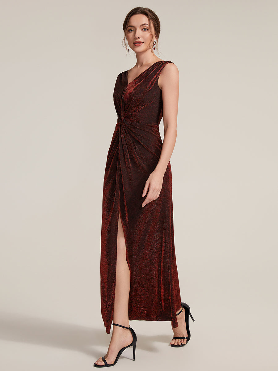 Maxilänge V-Ausschnitt Etui-Kleid Aus Lurex-Netzstoff Schlitz Zum Binden #Farbe_Burgunderrot