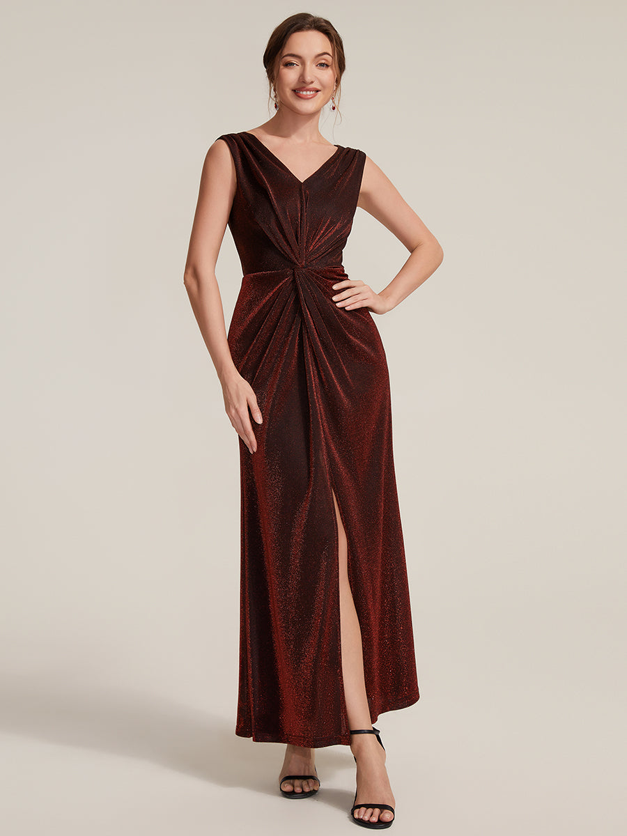 Maxilänge V-Ausschnitt Etui-Kleid Aus Lurex-Netzstoff Schlitz Zum Binden #Farbe_Burgunderrot
