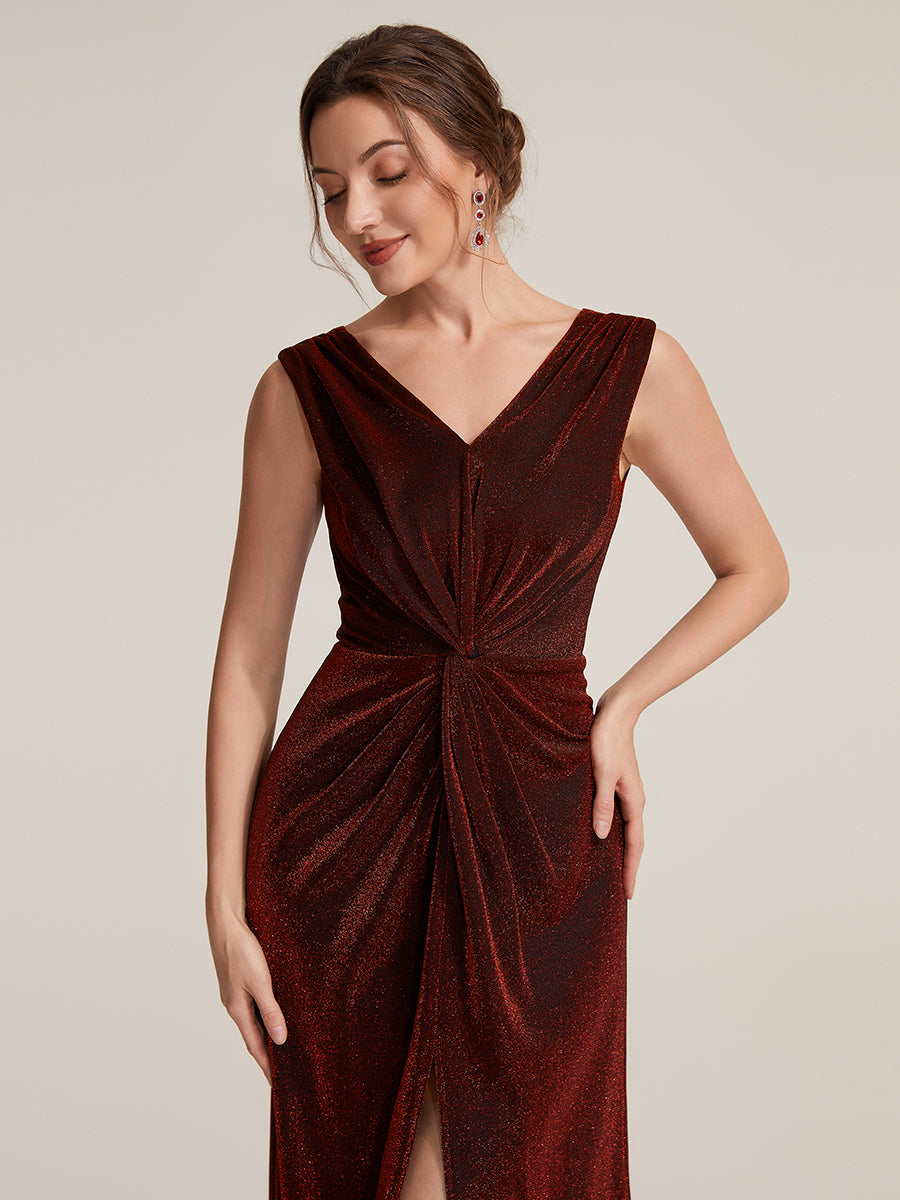 Maxilänge V-Ausschnitt Etui-Kleid Aus Lurex-Netzstoff Schlitz Zum Binden #Farbe_Burgunderrot