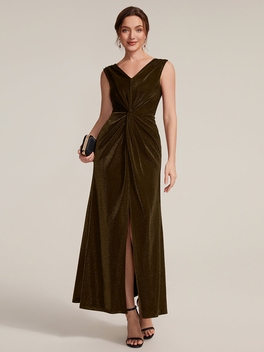 Maxilänge V-Ausschnitt Etui-Kleid Aus Lurex-Netzstoff Schlitz Zum Binden #Farbe_Braun