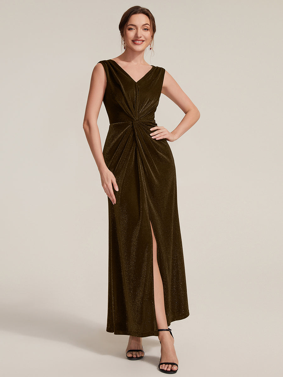 Maxilänge V-Ausschnitt Etui-Kleid Aus Lurex-Netzstoff Schlitz Zum Binden #Farbe_Braun