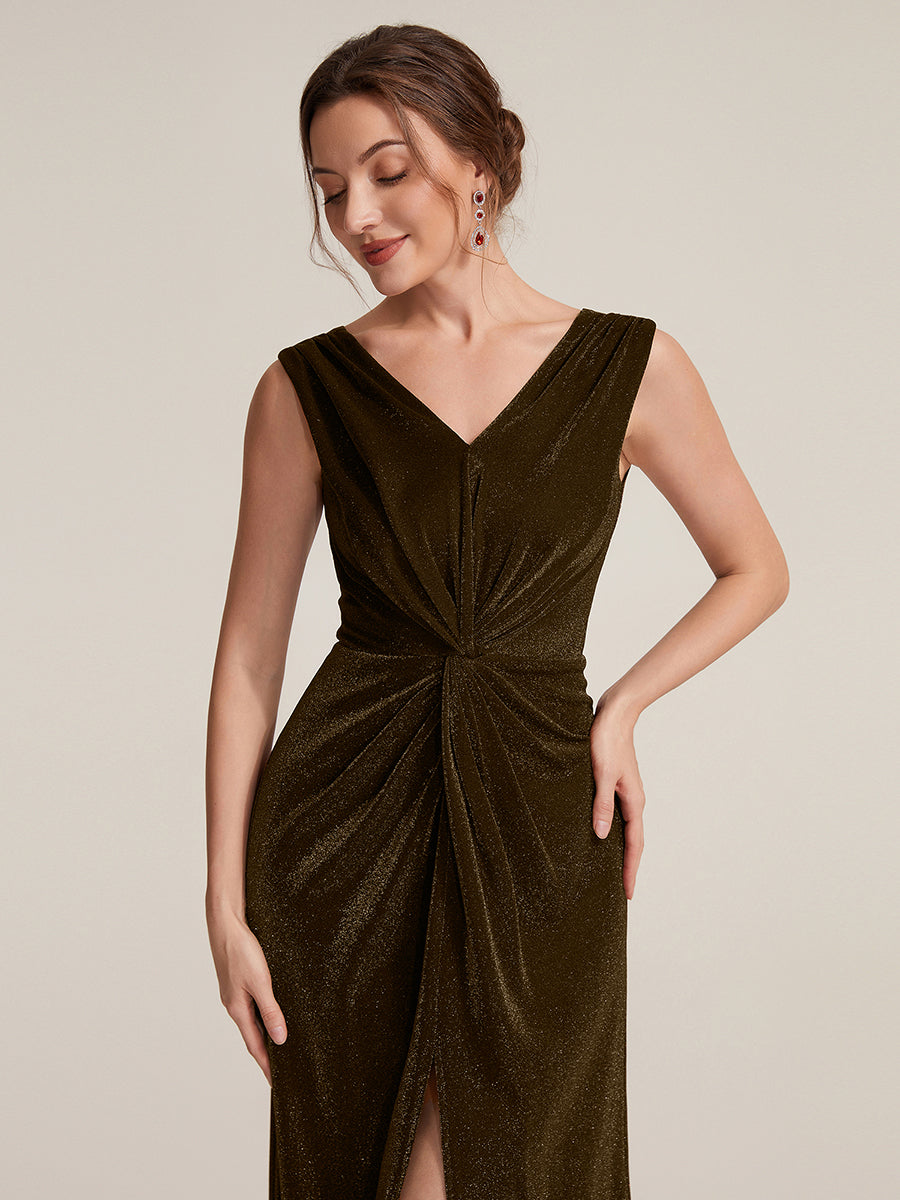 Maxilänge V-Ausschnitt Etui-Kleid Aus Lurex-Netzstoff Schlitz Zum Binden #Farbe_Braun