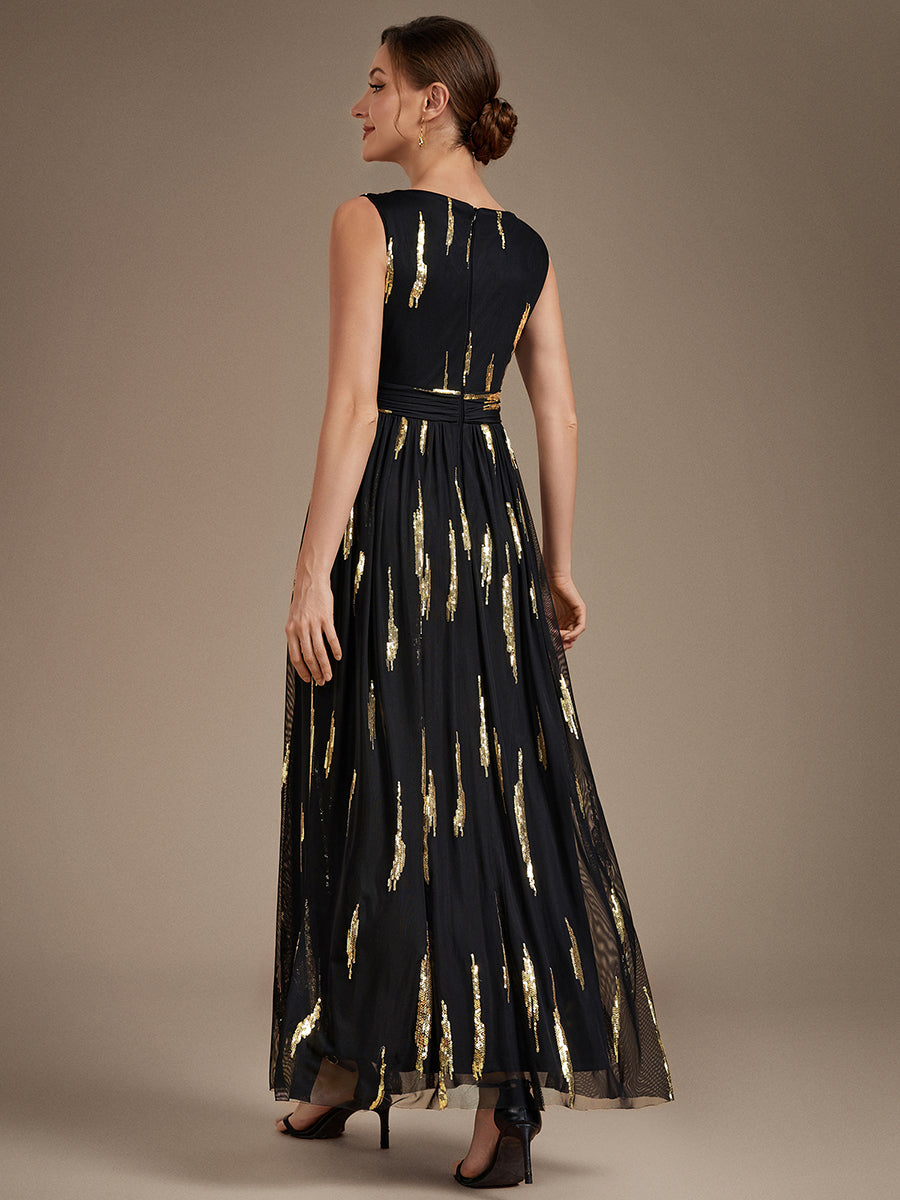 Maxilänge V-Ausschnitt A-Linien Kleid Aus Tüll Mit Pailletten Und 3D Drapierung #Farbe_Schwarz & Gold
