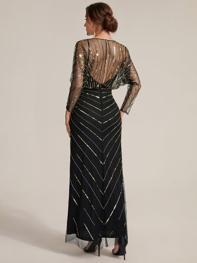Maxilänge V-Ausschnitt Etui Kleid Aus Tüll Mit Schlitz Und Perlenbesetzt #Farbe_Schwarz & Gold