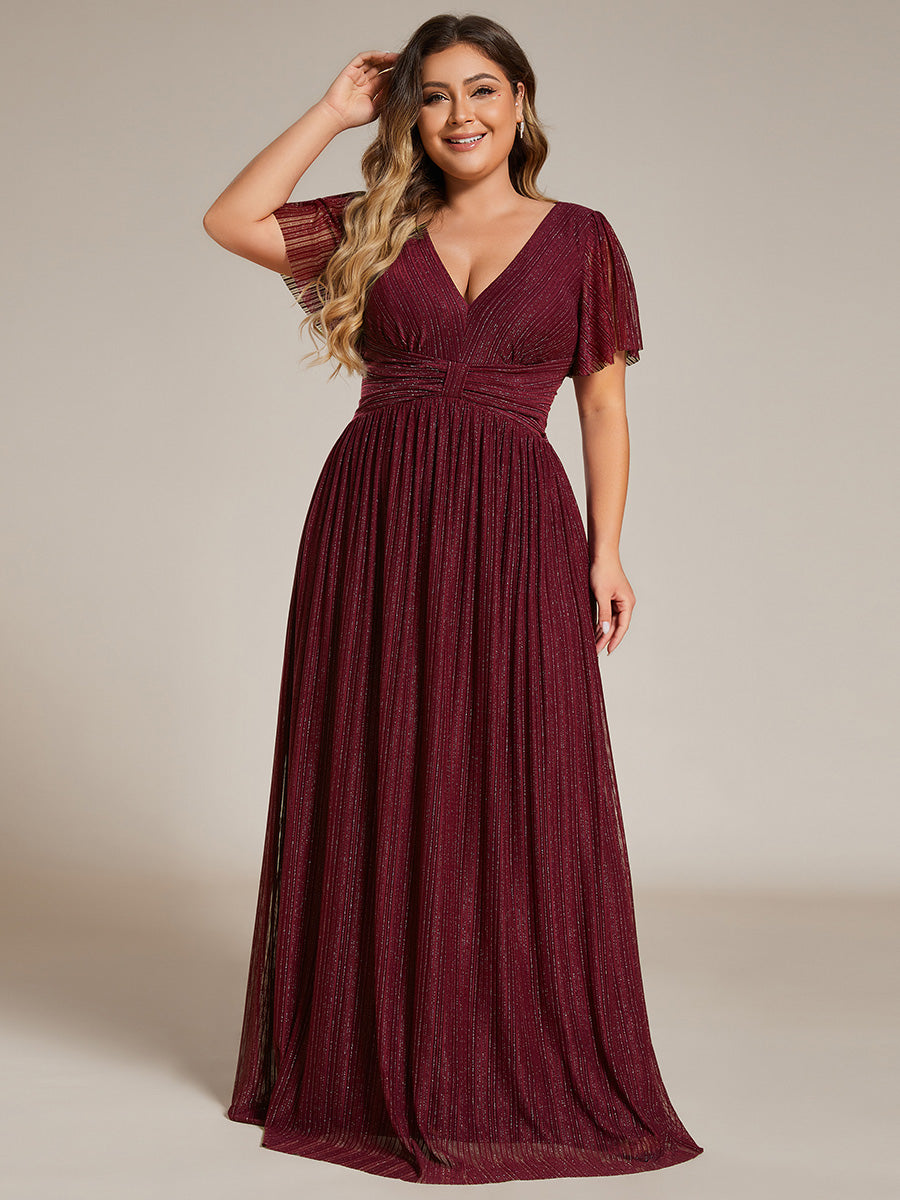 Bodenlanger V-Ausschnitt A-Linie Mesh Kleid Mit Falten Details Elegantes Abendkleid #Farbe_Burgunderrot