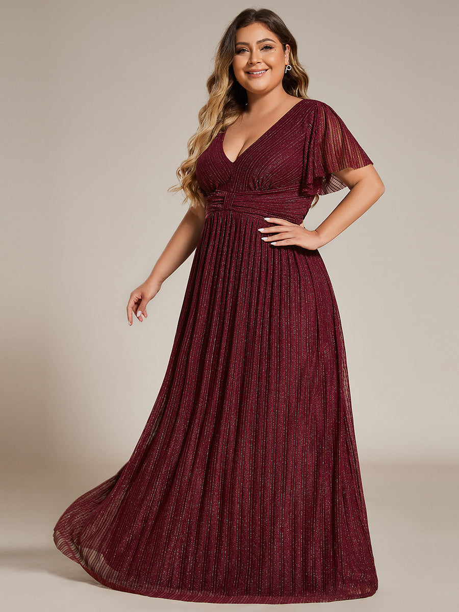 Bodenlanger V-Ausschnitt A-Linie Mesh Kleid Mit Falten Details Elegantes Abendkleid #Farbe_Burgunderrot