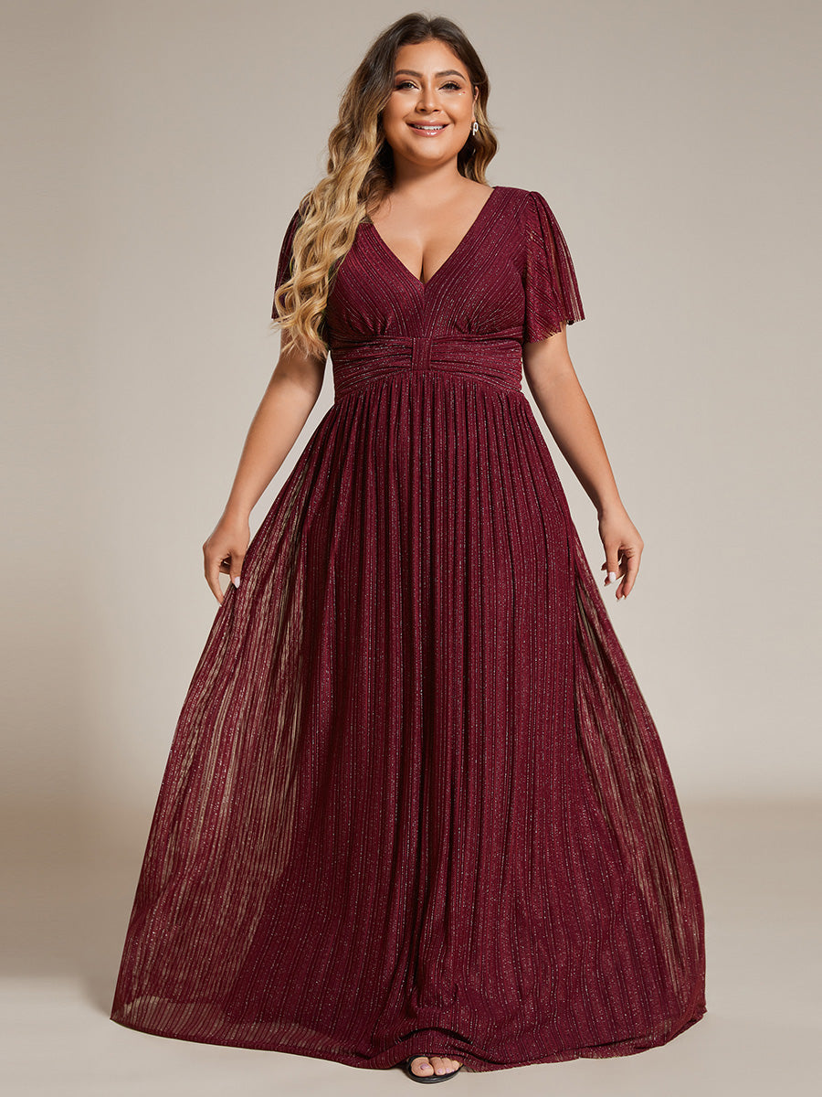 Bodenlanger V-Ausschnitt A-Linie Mesh Kleid Mit Falten Details Elegantes Abendkleid #Farbe_Burgunderrot