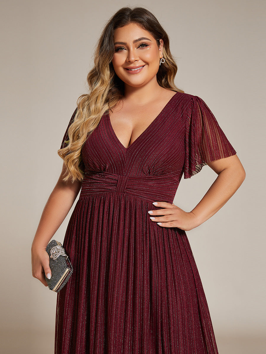 Bodenlanger V-Ausschnitt A-Linie Mesh Kleid Mit Falten Details Elegantes Abendkleid #Farbe_Burgunderrot