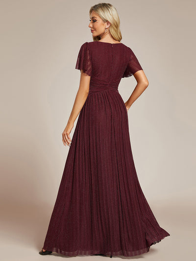 Bodenlanger V-Ausschnitt A-Linie Mesh Kleid Mit Falten Details Elegantes Abendkleid #Farbe_Burgunderrot
