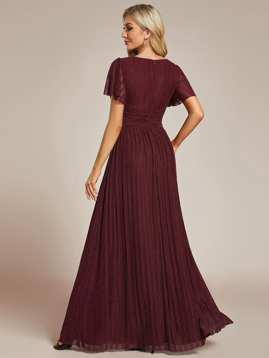 Bodenlanger V-Ausschnitt A-Linie Mesh Kleid Mit Falten Details Elegantes Abendkleid #Farbe_Burgunderrot
