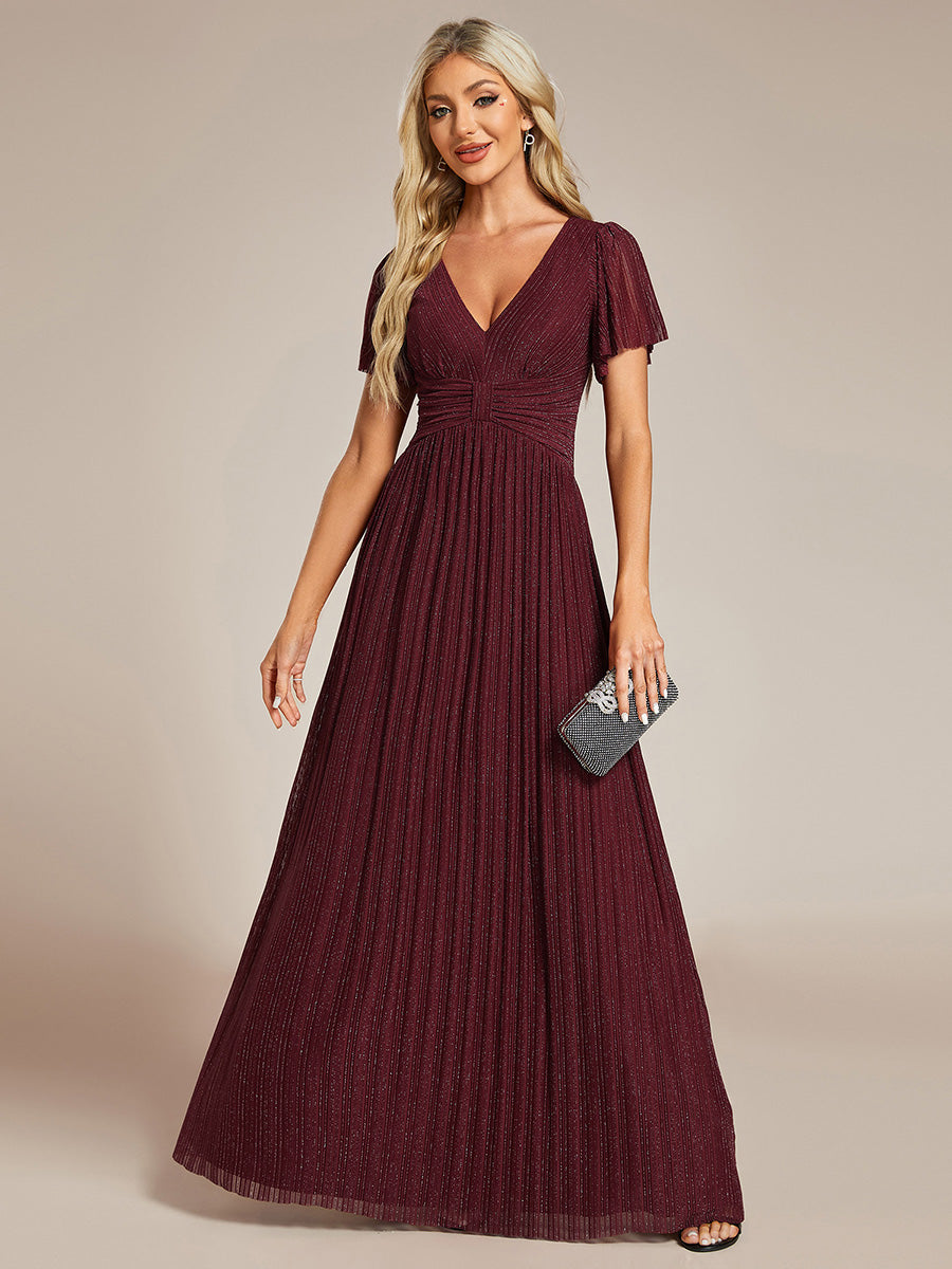 Bodenlanger V-Ausschnitt A-Linie Mesh Kleid Mit Falten Details Elegantes Abendkleid #Farbe_Burgunderrot
