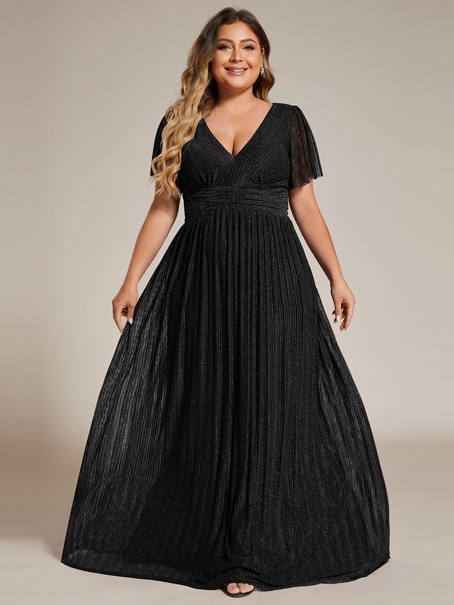 Bodenlanger V-Ausschnitt A-Linie Mesh Kleid Mit Falten Details Elegantes Abendkleid #Farbe_Schwarz