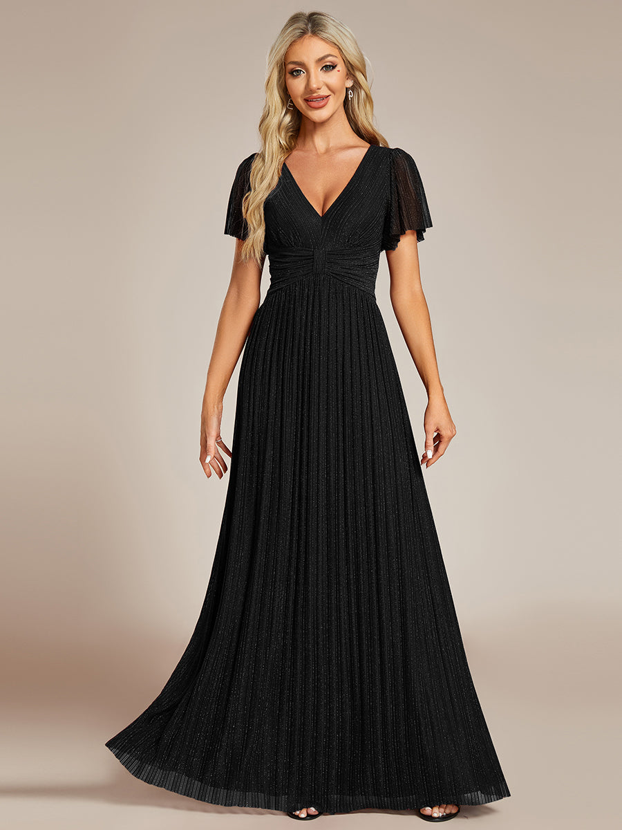 Bodenlanger V-Ausschnitt A-Linie Mesh Kleid Mit Falten Details Elegantes Abendkleid #Farbe_Schwarz