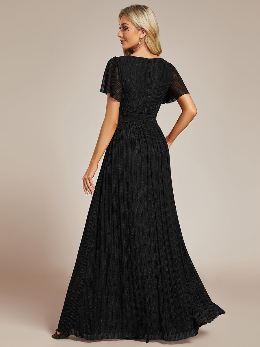 Bodenlanger V-Ausschnitt A-Linie Mesh Kleid Mit Falten Details Elegantes Abendkleid #Farbe_Schwarz
