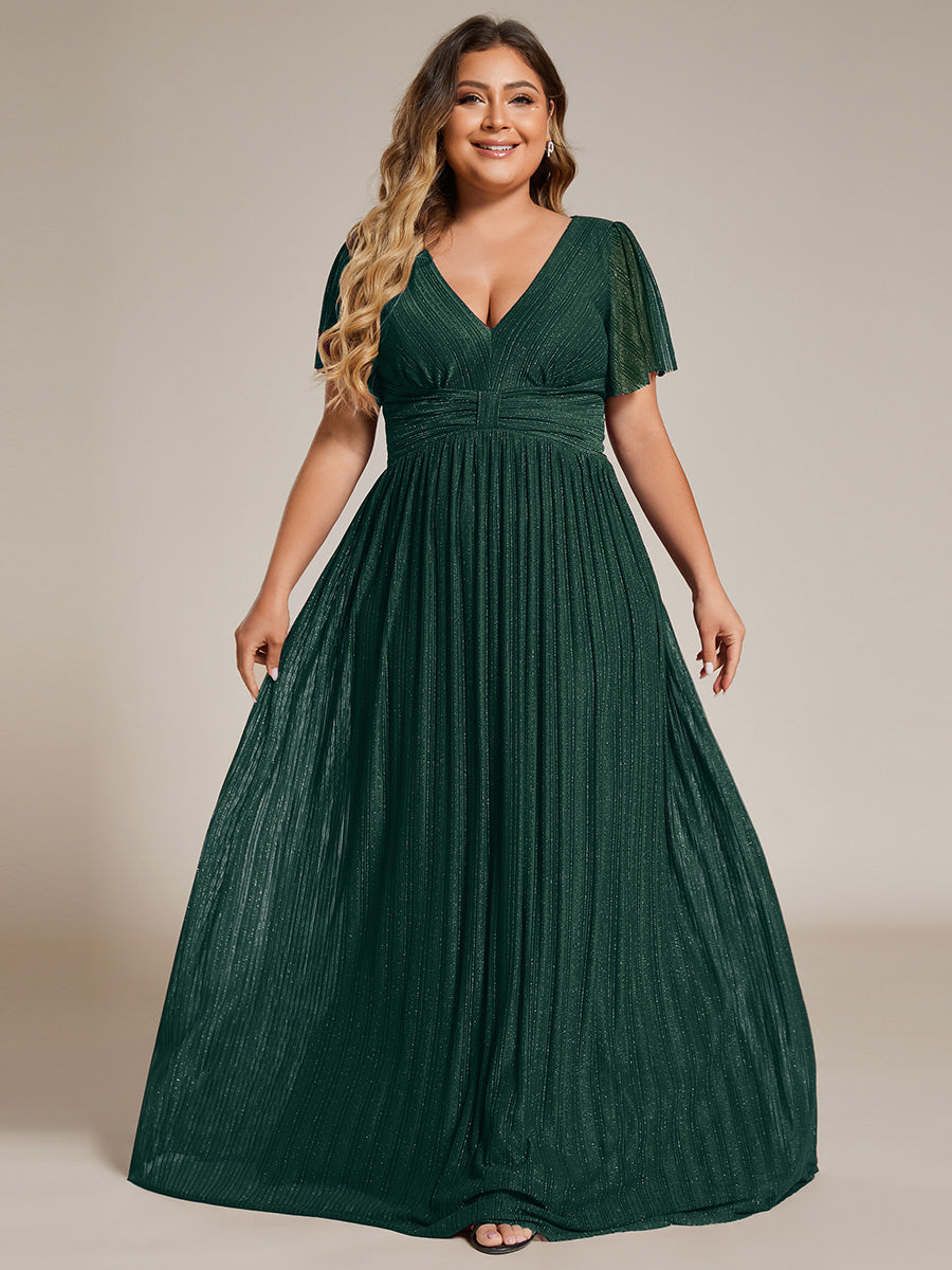 Bodenlanger V-Ausschnitt A-Linie Mesh Kleid Mit Falten Details Elegantes Abendkleid #Farbe_Dunkelgrün