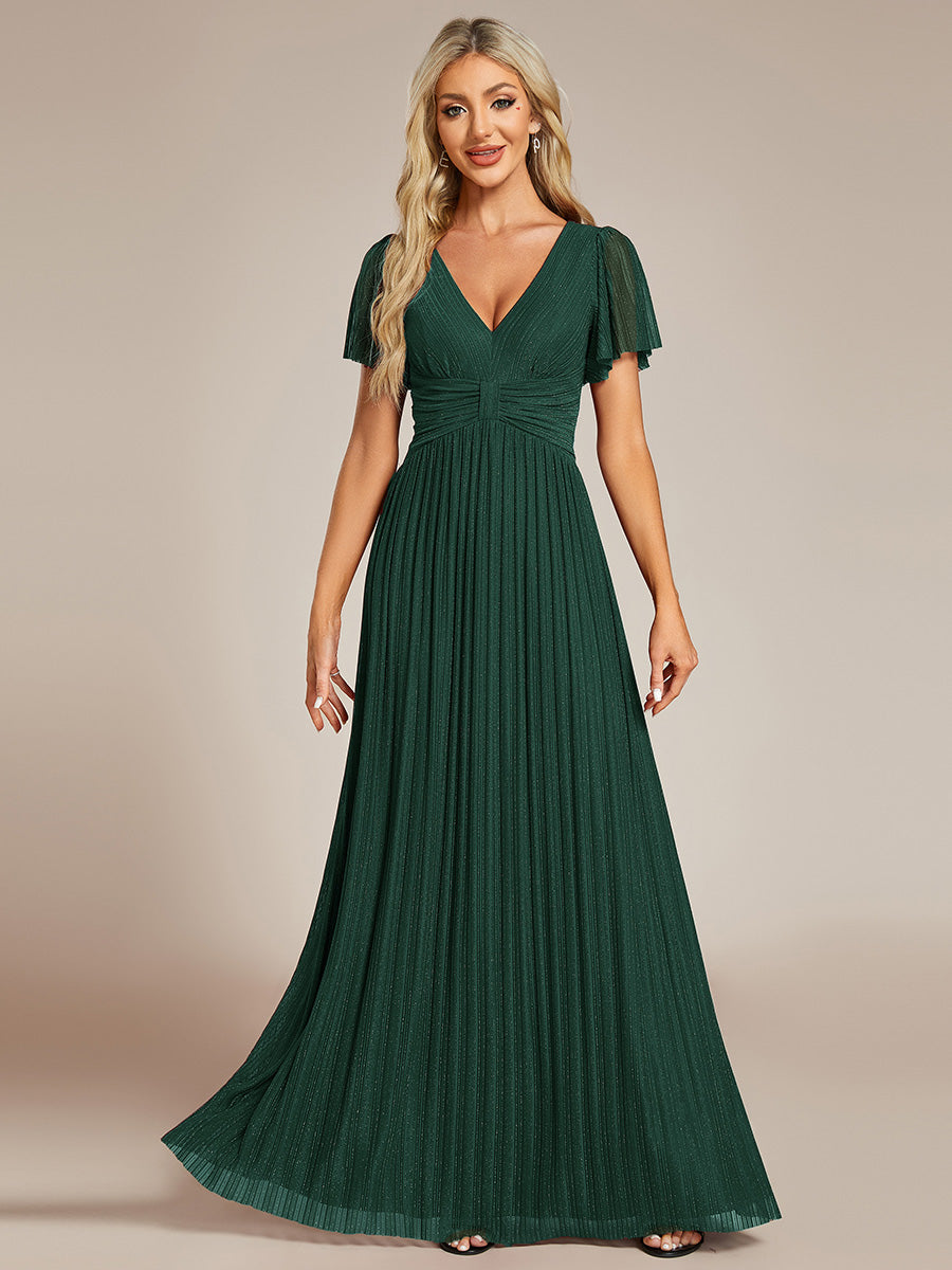 Bodenlanger V-Ausschnitt A-Linie Mesh Kleid Mit Falten Details Elegantes Abendkleid #Farbe_Dunkelgrün