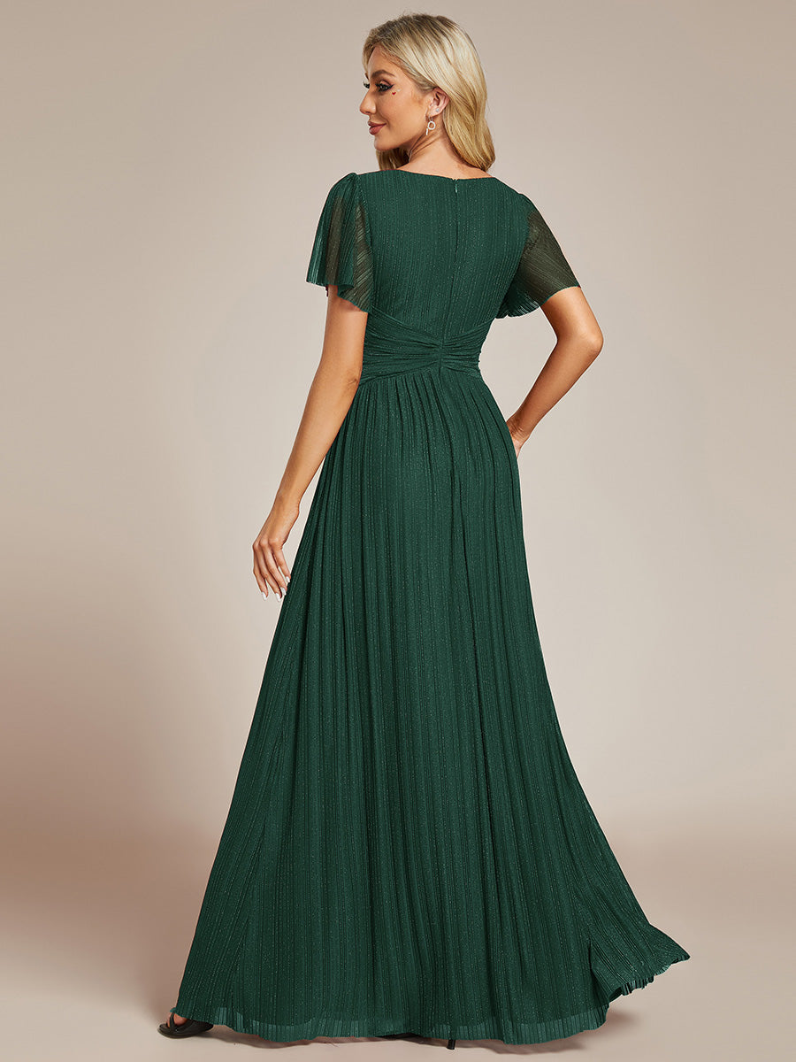 Bodenlanger V-Ausschnitt A-Linie Mesh Kleid Mit Falten Details Elegantes Abendkleid #Farbe_Dunkelgrün