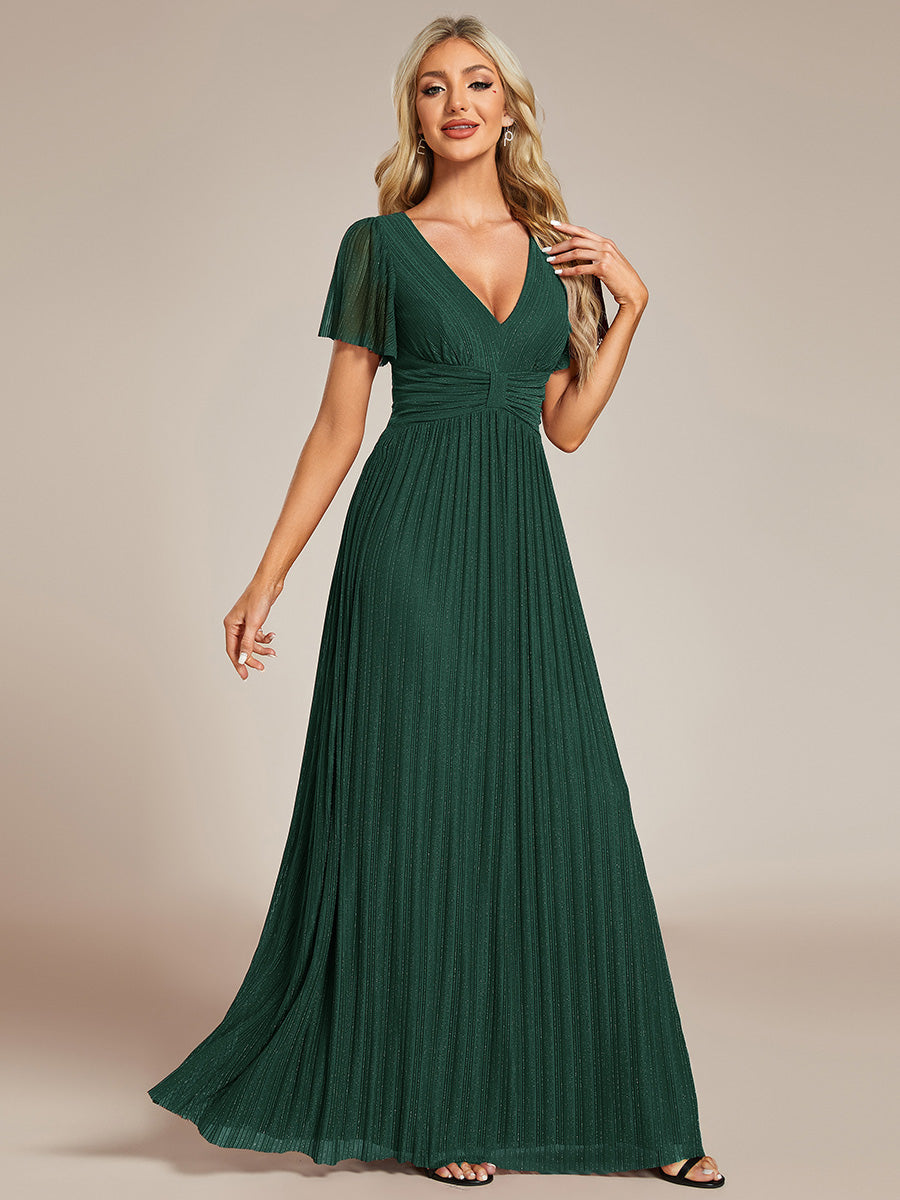 Bodenlanger V-Ausschnitt A-Linie Mesh Kleid Mit Falten Details Elegantes Abendkleid #Farbe_Dunkelgrün