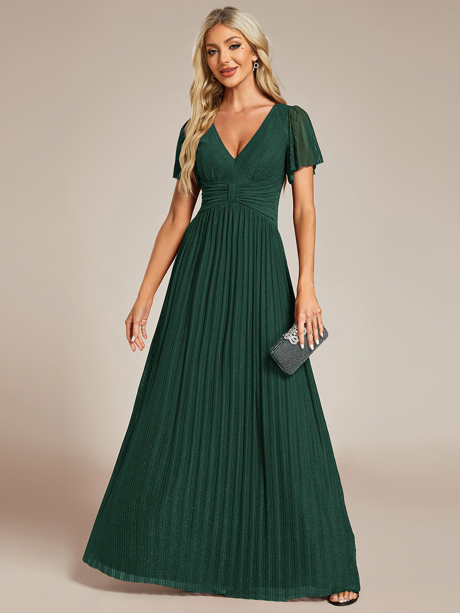 Bodenlanger V-Ausschnitt A-Linie Mesh Kleid Mit Falten Details Elegantes Abendkleid #Farbe_Dunkelgrün