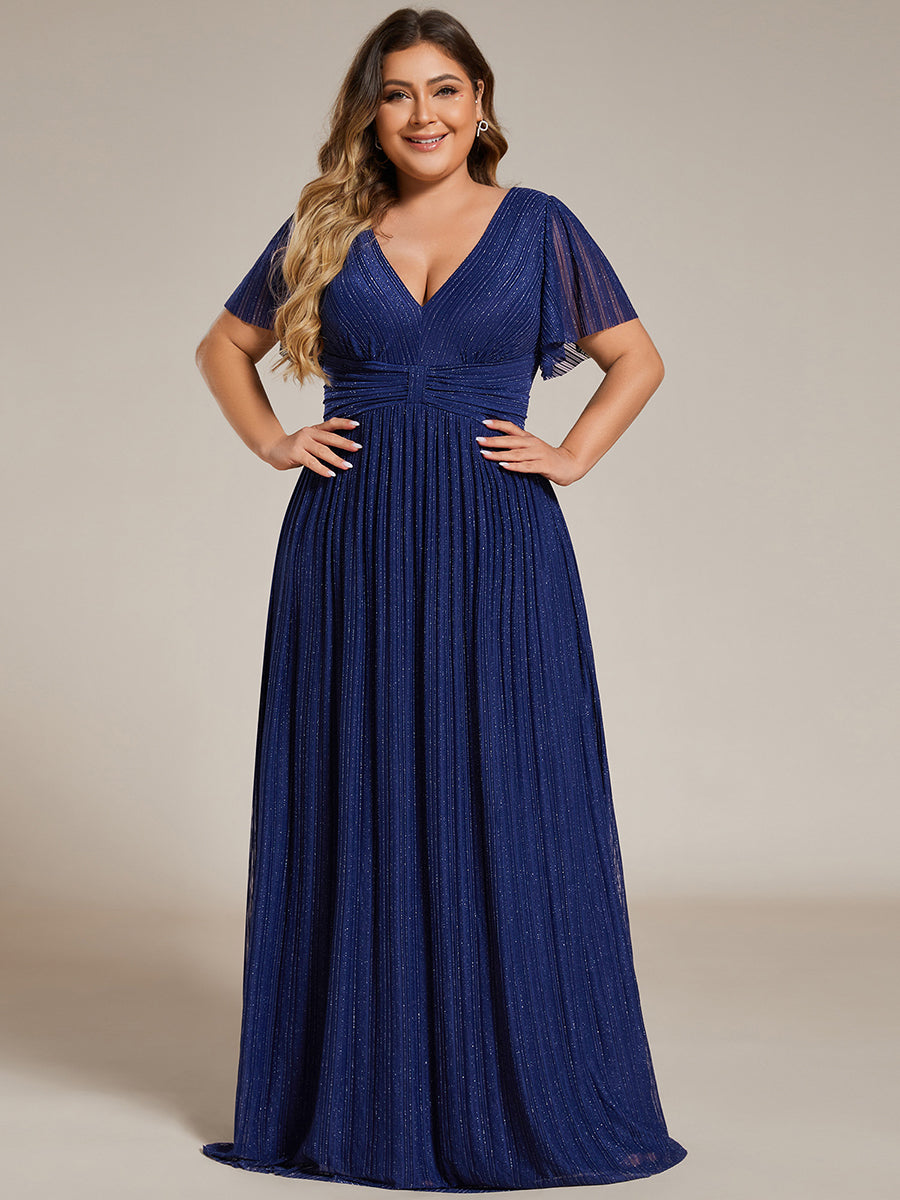 Bodenlanger V-Ausschnitt A-Linie Mesh Kleid Mit Falten Details Elegantes Abendkleid #Farbe_Marineblau