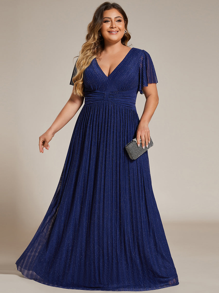 Bodenlanger V-Ausschnitt A-Linie Mesh Kleid Mit Falten Details Elegantes Abendkleid #Farbe_Marineblau