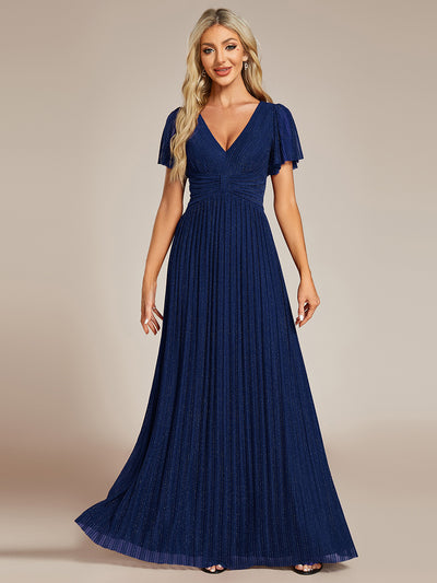 Bodenlanger V-Ausschnitt A-Linie Mesh Kleid Mit Falten Details Elegantes Abendkleid #Farbe_Marineblau