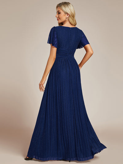 Bodenlanger V-Ausschnitt A-Linie Mesh Kleid Mit Falten Details Elegantes Abendkleid #Farbe_Marineblau